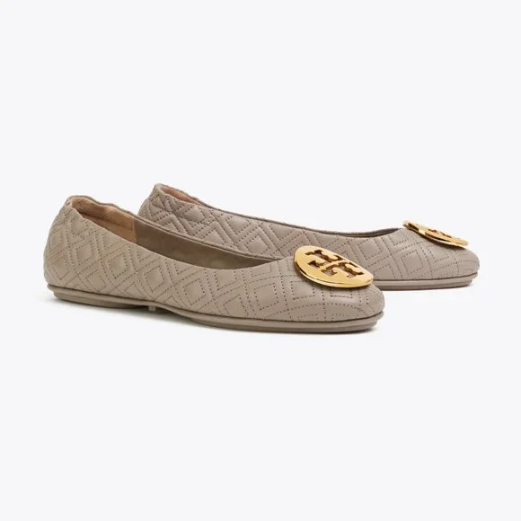 Tory Burch Minnie Travel Ballet Flat Quilted Leather Dust Storm Gold Taupe - Picture 3 of 10
